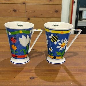 Pair of Harrods Summer Garden Wren fine bone china mugs colorful nature-themed